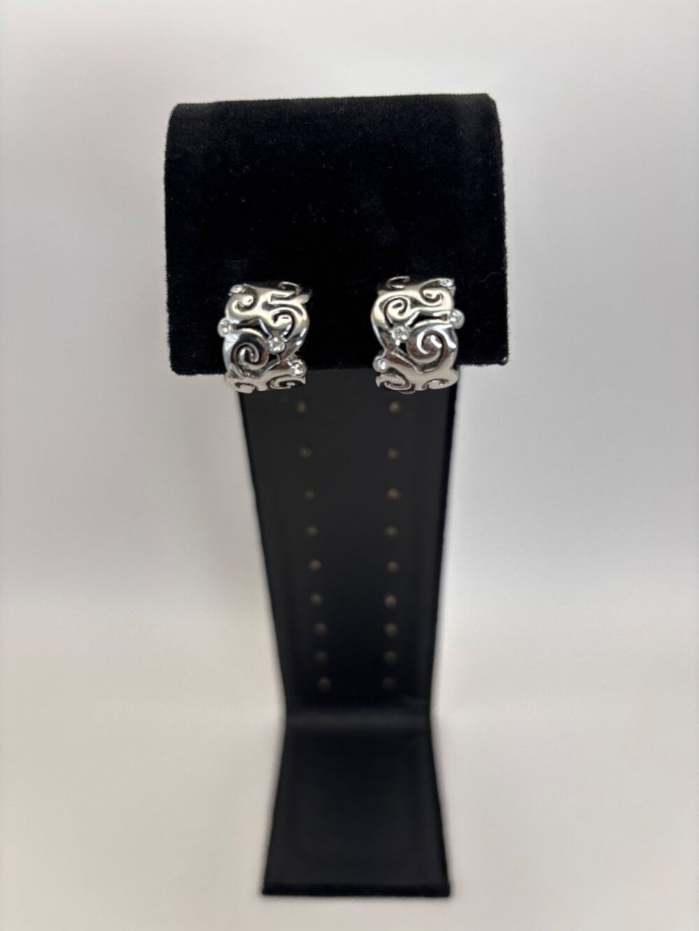 Silver Tone Swirl Filigree Rhinestone Design Huggie Hoop Clip On Earrings